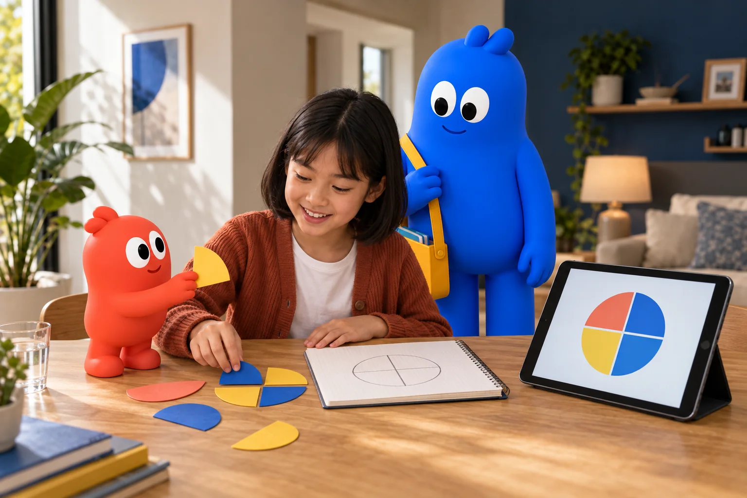 Une enfant explore les fractions de trois façons : des disques de papier, un schéma dans son cahier et une illustration sur l’iPad, avec Pono et Panta à ses côtés.