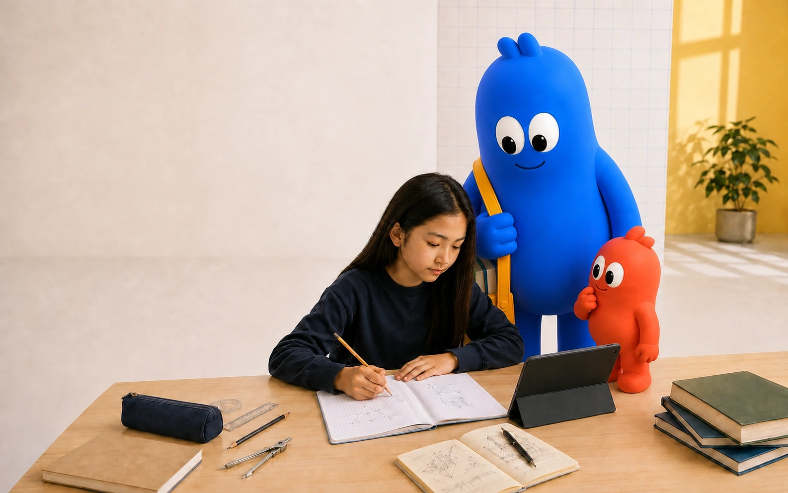 Une élève écrit dans son cahier. L’iPad est tourné vers elle, avec Pono et Panta à proximité.